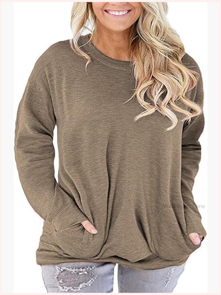 Plus Size Long Sleeve Tunic With Pockets V Neck